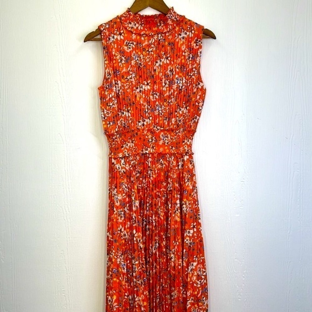 Nanette Lepore - Orange Multi Floral Pleated Sleeveless Midi Dress Size 8 - Picture 9 of 12